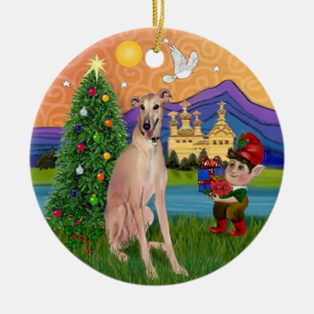 Xmas Fantasy - Fawn Greyhound (sitzend) Keramikornament (Vorne)