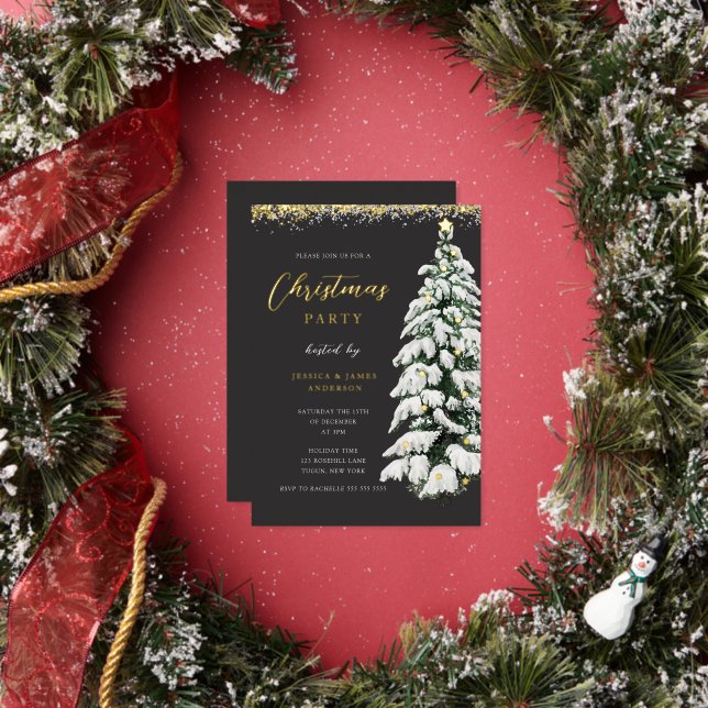 Xmas Festive Gold Snow Tree Christmas Party  Folieneinladung (Insitu)