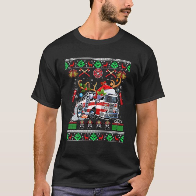 Xmas Firefighter Lover Fire Truck Fireman Ugly Swe T-Shirt (Vorderseite)