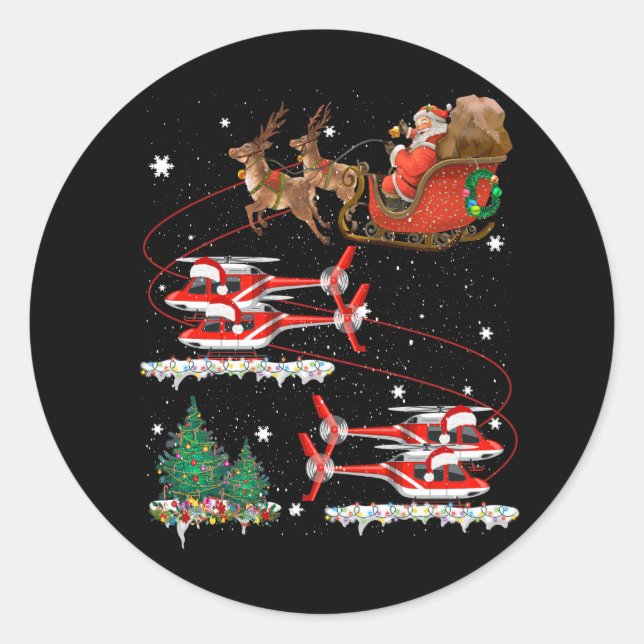 Xmas Helicopter Reindeer Santas Sleigh Pilot Merry Runder Aufkleber (Vorderseite)