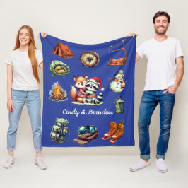 Xmas Holiday Couple Outdoor Fox Raccoon Navy Blue Fleecedecke