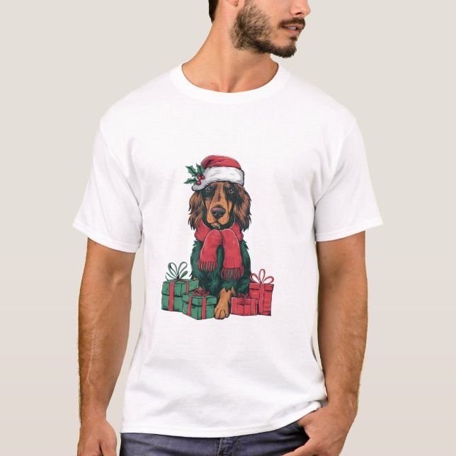 Xmas Holiday Weihnachtsmannmütze Irish Setter Dog  T-Shirt (Vorderseite)