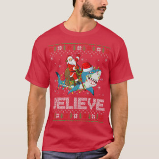 Xmas Lichter Hai glauben Ugly Santa Riding Hai T-Shirt