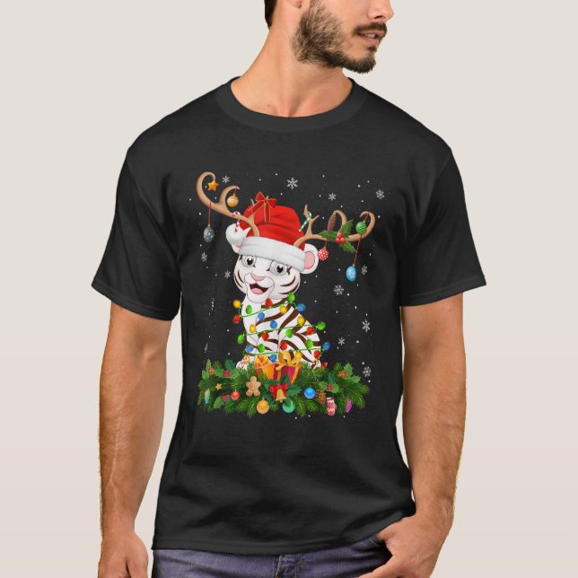 Xmas Lighting Reindeer Santa Hat White Tiger Chris T-Shirt (Vorderseite)