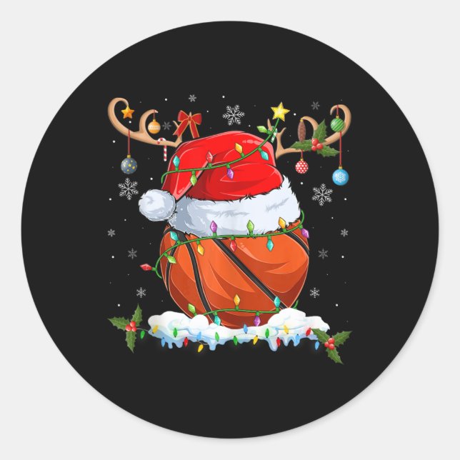 Xmas Lighting Rentier Weihnachtsmannmütze Basketba Runder Aufkleber (Vorderseite)