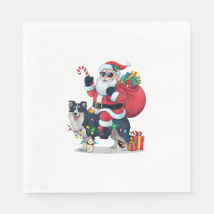 Xmas Lighting Santa Riding Border Collie Dog Chris Serviette