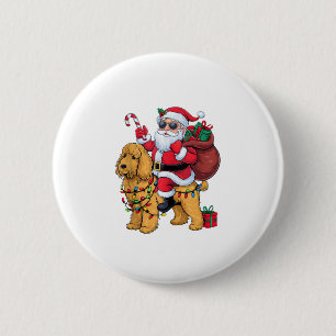 Xmas Lighting Santa Riding Goldendoodle Dog Christ Button
