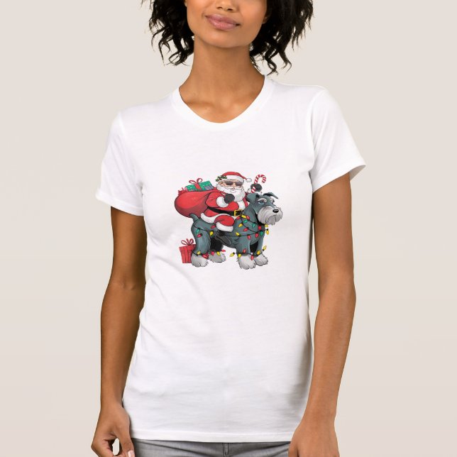 Xmas Lighting Santa Riding Riese Schnauzer Dog Chr T-Shirt (Vorderseite)