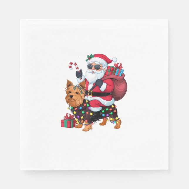 Xmas Lighting Santa Riding Yorkshire Terrier Dog C Serviette (Vorderseite)