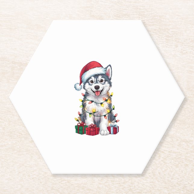 Xmas Lighting Weihnachtsmannmütze Alaskan Malamute Untersetzer (Vorderseite)