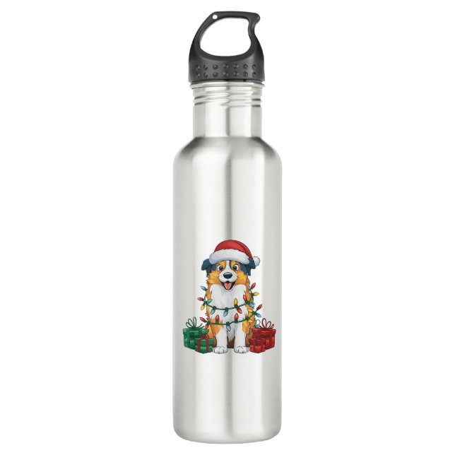 Xmas Lighting Weihnachtsmannmütze Australian Sheph Edelstahlflasche (Vorderseite)