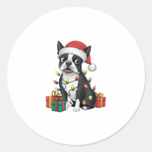 Xmas Lighting Weihnachtsmannmütze Boston Terrier D Runder Aufkleber