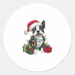 Xmas Lighting Weihnachtsmannmütze Boston Terrier D Runder Aufkleber
