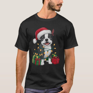 Xmas Lighting Weihnachtsmannmütze Boston Terrier D T-Shirt