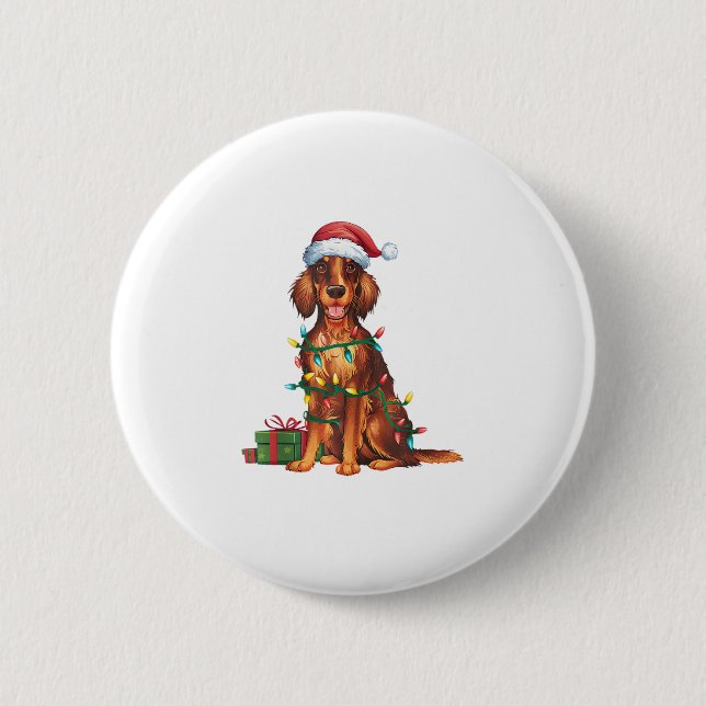 Xmas Lighting Weihnachtsmannmütze Irish Setter Dog Button (Vorderseite)