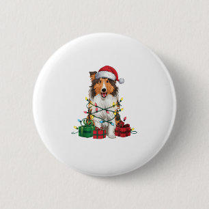 Xmas Lighting Weihnachtsmannmütze Rough Collie Dog Button