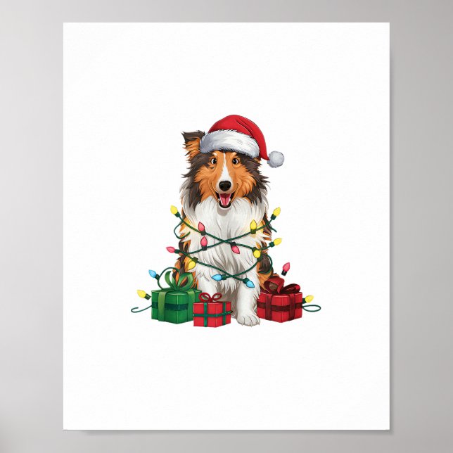 Xmas Lighting Weihnachtsmannmütze Rough Collie Dog Poster (Vorne)