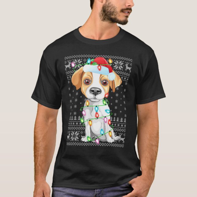 Xmas Lighting Weihnachtsmannmütze Ugly Jack Russel T-Shirt (Vorderseite)