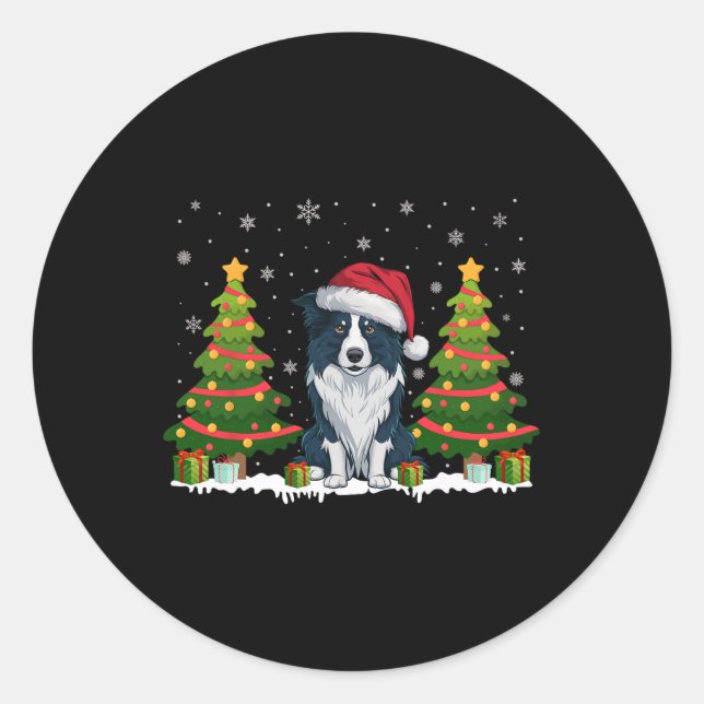 Xmas Lights Border Collie Dog Weihnachtsmannmütze  Runder Aufkleber (Vorderseite)