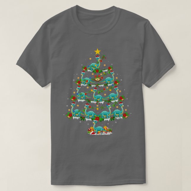 Xmas Lights Brontosaurus Dinosaurier Weihnachtsbau T-Shirt (Design vorne)