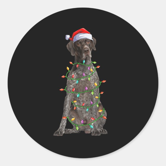 Xmas Lights Santa German Shorthaired Inter Dog Chr Runder Aufkleber (Vorderseite)