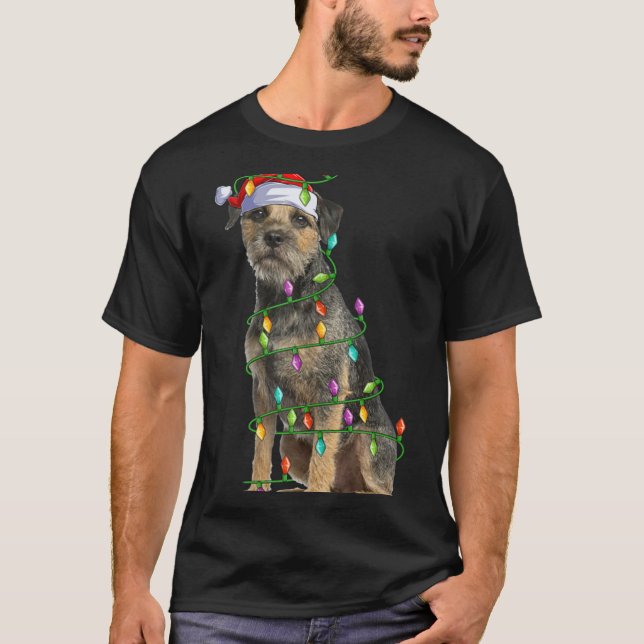 Xmas Lights Santa Hat Border Terrier Dog Christmas T-Shirt (Vorderseite)