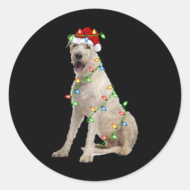 Xmas Lights Santa Hat Irish Wolfhound Dog Christma Runder Aufkleber (Vorderseite)