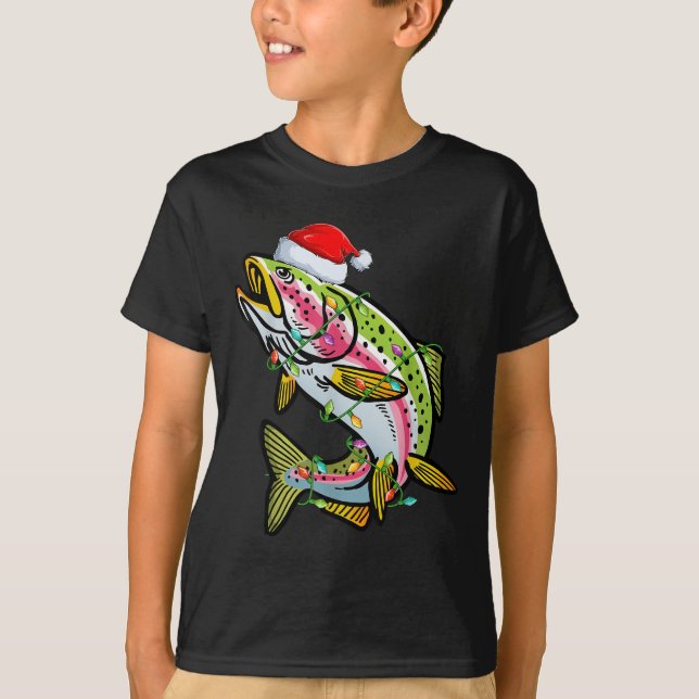 Xmas Lights Santa Hat Rainbow Trout Fish Christmas T-Shirt (Vorderseite)