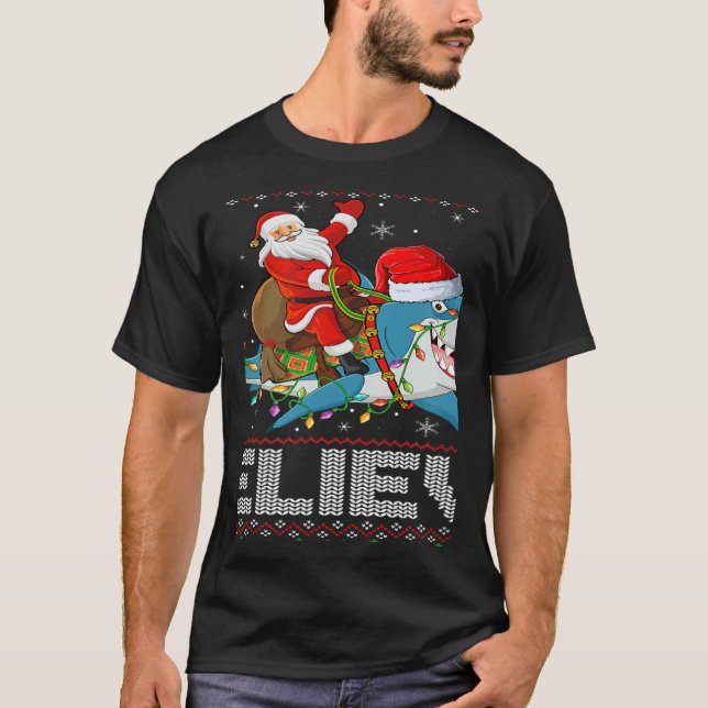 Xmas Lights Shark Believe Ugly Santa Riding Shark  T-Shirt (Vorderseite)