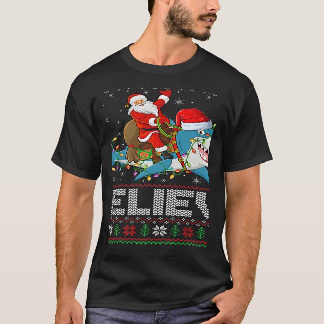 Xmas Lights Shark Believe Ugly Santa Riding Shark  T-Shirt (Vorderseite)