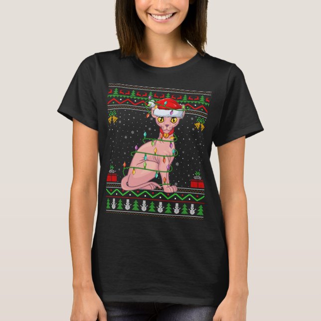 Xmas Lights Ugati Sweater Style Santa Sphynx Cat C T-Shirt (Vorderseite)