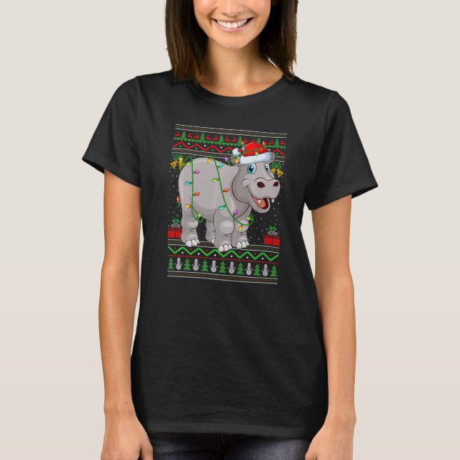 Xmas Lights Ugly Sweater Style Santa Hippopotamus  T-Shirt (Vorderseite)