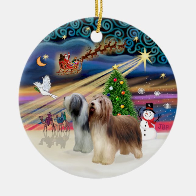 Xmas Magic - Barted Collie (zwei stehende) Keramikornament (Vorne)