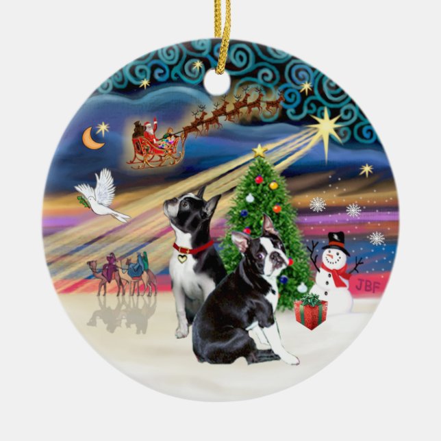Xmas Magic- Boston Terriers (zwei) Keramikornament (Vorne)