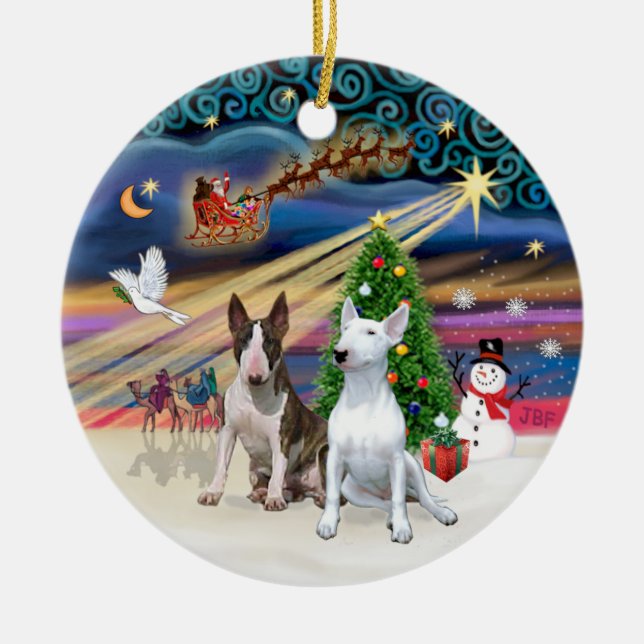 Xmas Magic - Bull Terriers (zwei) Keramik Ornament (Vorne)