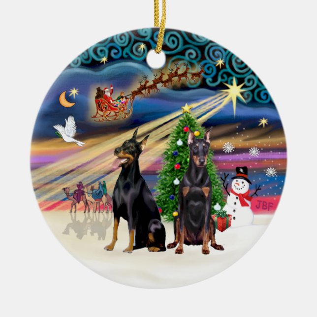 Xmas Magic - Dobermans (zwei) Keramik Ornament (Vorne)