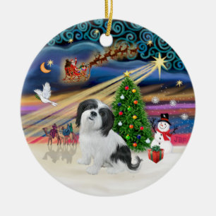 Xmas Magic - Lhasa Apso (schwarz-weiß) Keramik Ornament