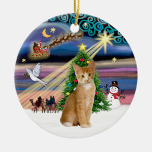 Xmas Magic - Orange - weiße Tablette Katze 40 Keramikornament