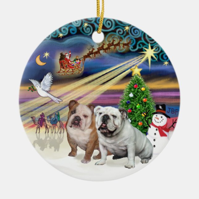 Xmas Magic (R) - Zwei englische Bulldogs Keramikornament (Vorne)