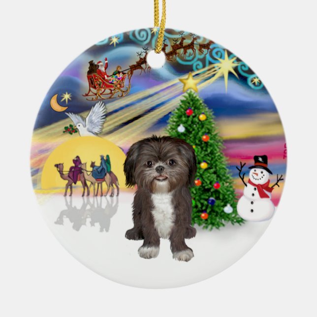 Xmas Magic - Shih Tzu (braun/weiß) Keramik Ornament (Vorne)