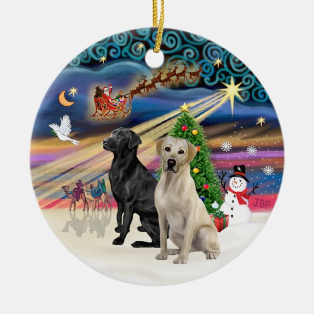 Xmas Magic - Zwei Labradoren (schwarz +gelb) Keramikornament (Vorne)