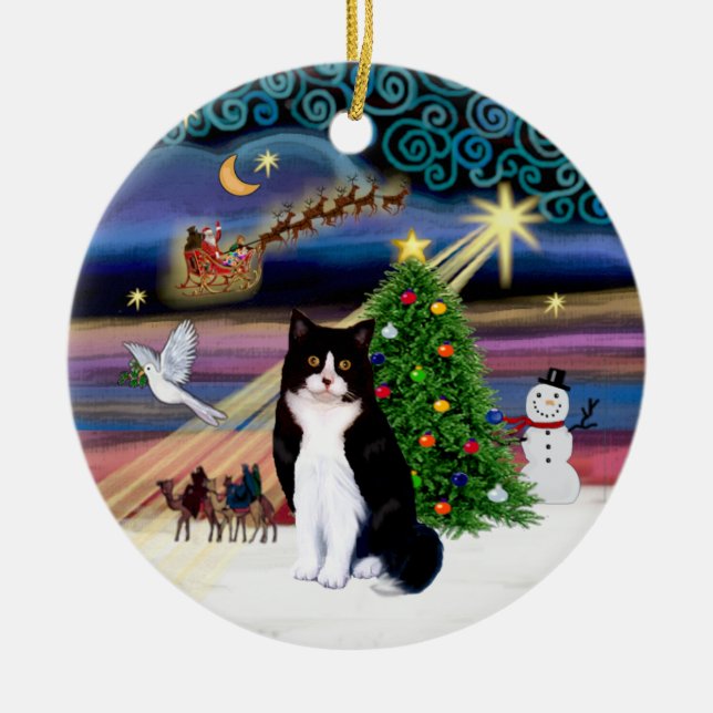 Xmas Magie - Schwarze und Weiße Katze Keramikornament (Vorne)
