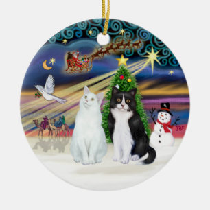 Xmas-Magie - Zwei Katzen - Weiß + Schwarz-Weiß Keramikornament