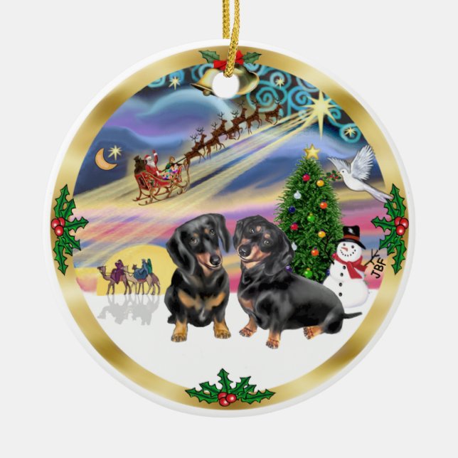 Xmas Magie - Zwei schwarze Dackeln Keramikornament (Vorne)