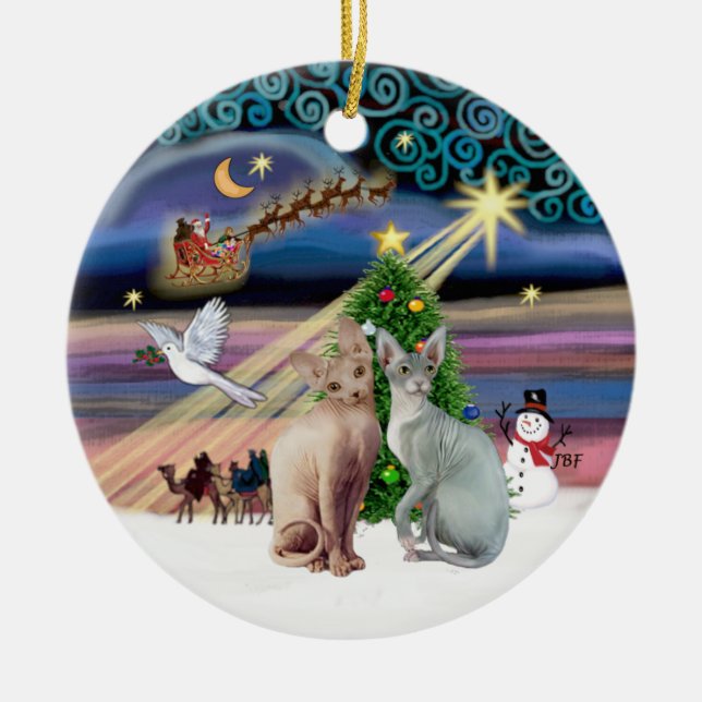 Xmas Magie - Zwei Sphynxkatzen Keramikornament (Vorne)