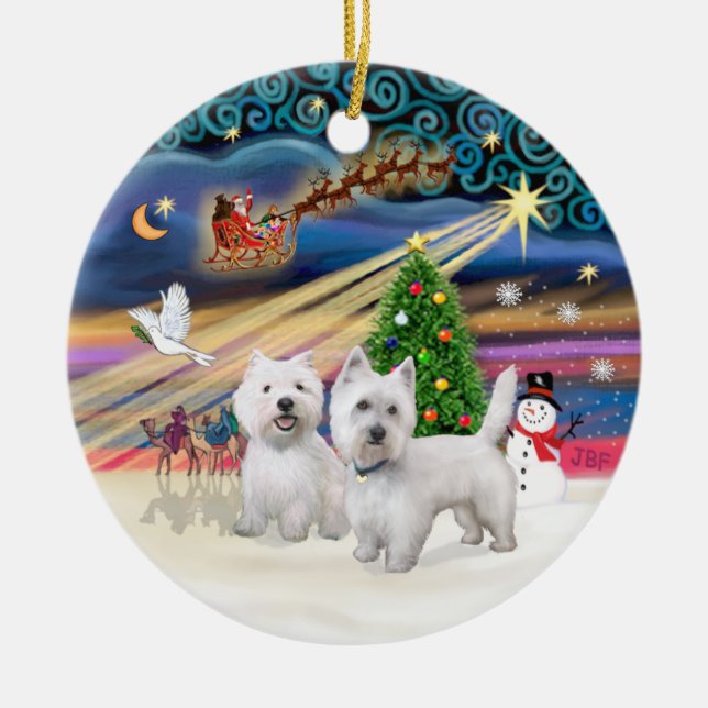 Xmas Magie - Zwei Westies Keramik Ornament (Vorne)