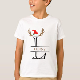 Xmas Monogram Letter L Antlers Sants Hat T-Shirt