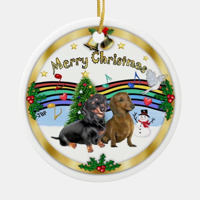 Xmas Music 1 - Zwei Dackeln Keramikornament (Vorne)