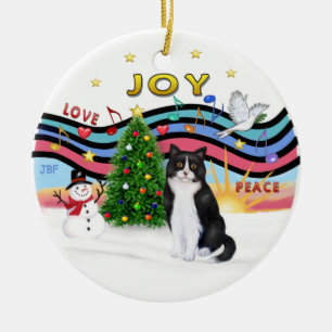 Xmas Musik #1 - Schwarz-Weiß-Katze Keramik Ornament
