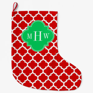 Xmas Red White Marokko #5 Emerald Name Monogram Großer Weihnachtsstrumpf